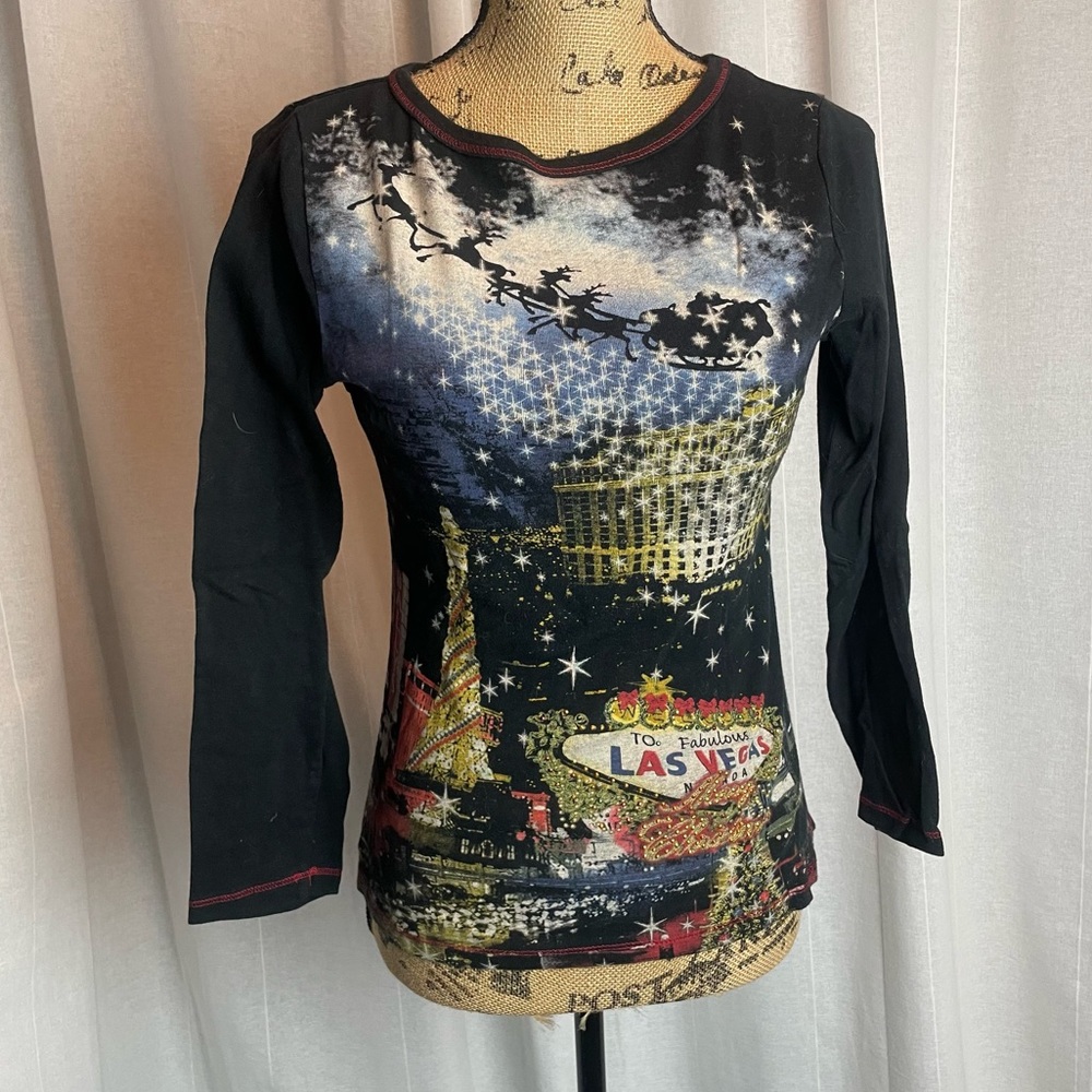 Merry & Bright Las Vegas Christmas Embellished Long Sleeve Shirt Size Small